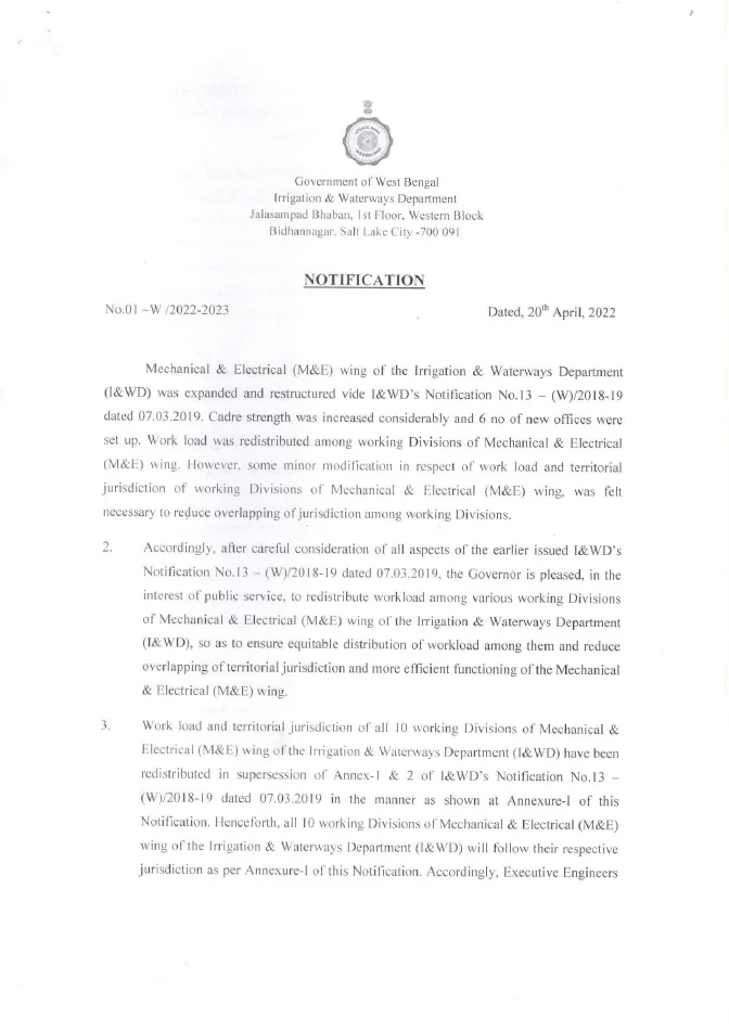 Re-Jurisdiction of Mechanical and Electrical Wing of Irrigation and Waterways – PDF