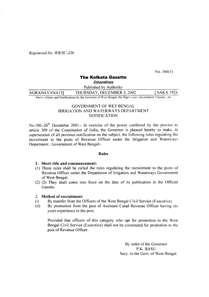 Recruitment Rules for Revenue Officer under Irrigation and Waterways Department – PDF