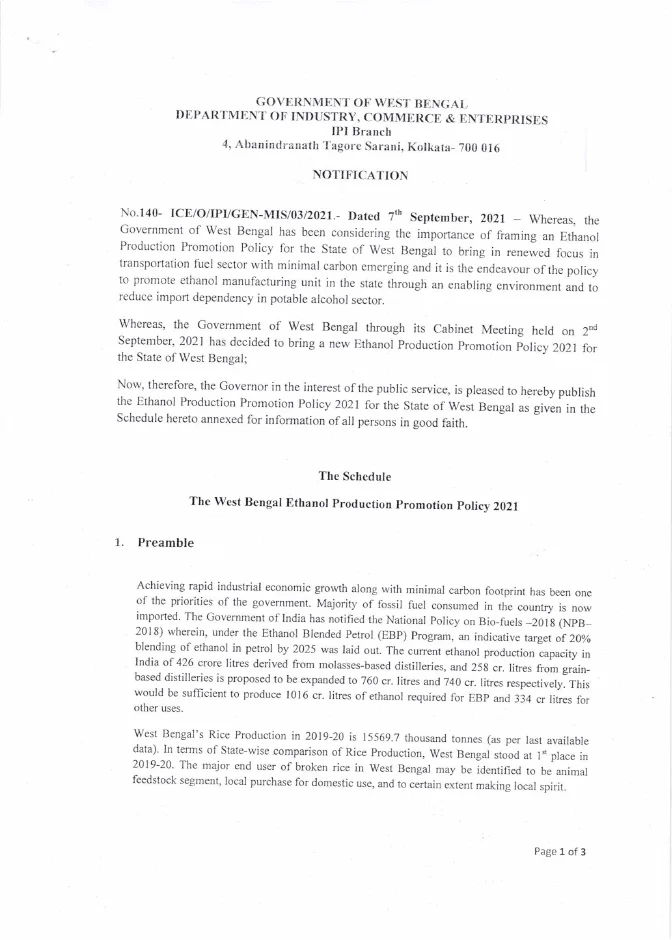 West Bengal Ethanol Production Promotion Policy, 2021 – PDF