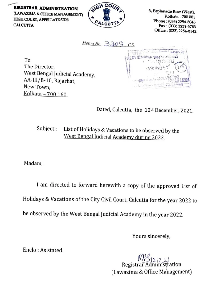 Holiday List observed by West Bengal Judicial Academy during 2022 – PDF