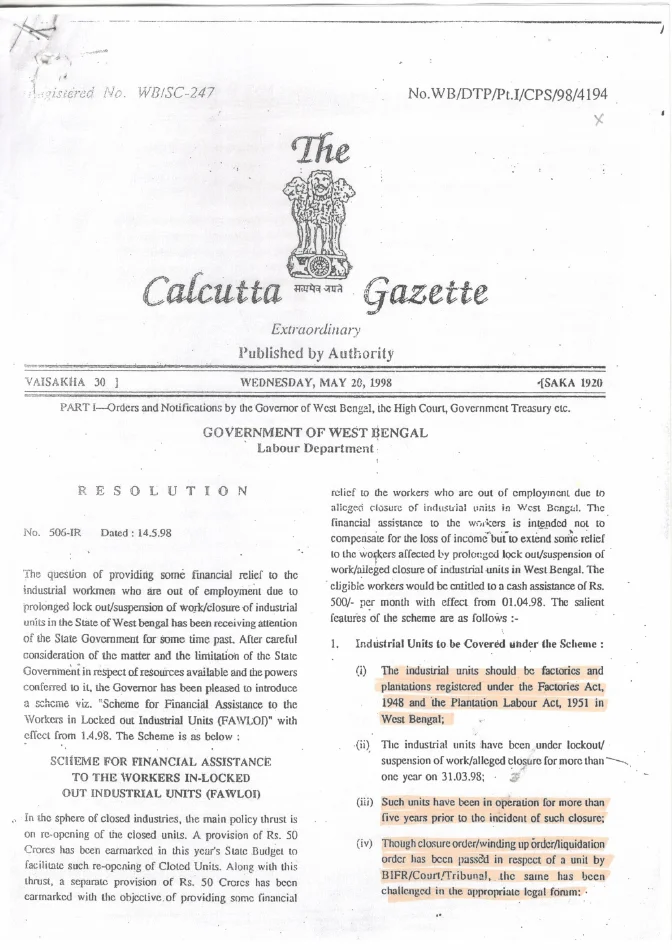 Scheme for Financial Assistance to the Workers in Locked Out Industrial Units – PDF