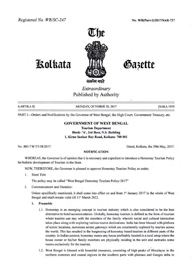 West Bengal Homestay Tourism Policy, 2017 – PDF