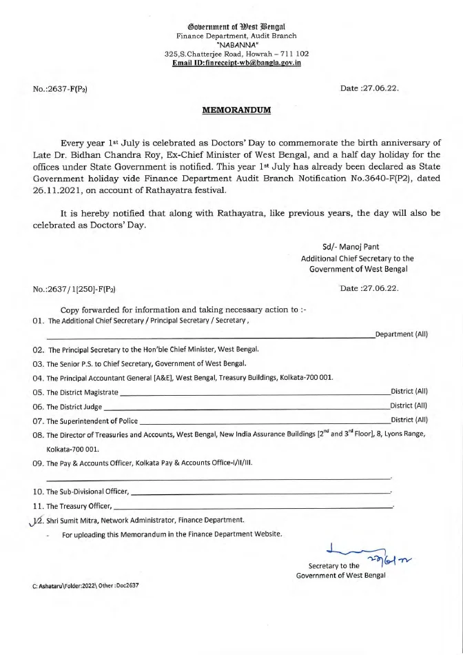 Holiday for Celebration of Doctors’ Day and Rathayatra on 01.07.2022 – PDF