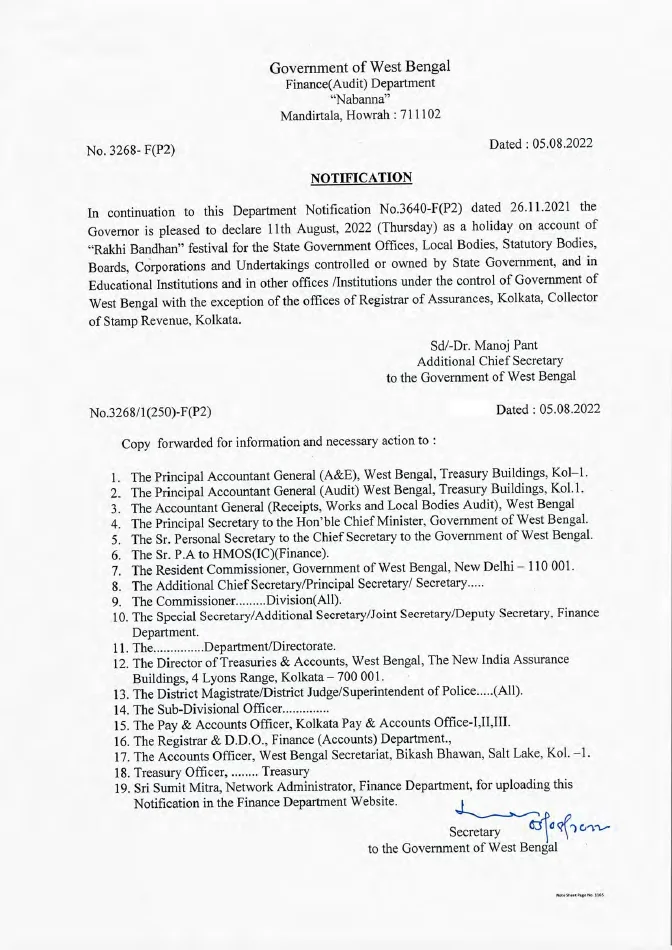 Holiday on account of Rakhi Bandhan in West Bengal on 11.08.2022 – PDF