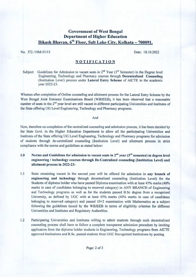Admission to Degree Level Engineering Courses (2nd year), 2022-23 – PDF