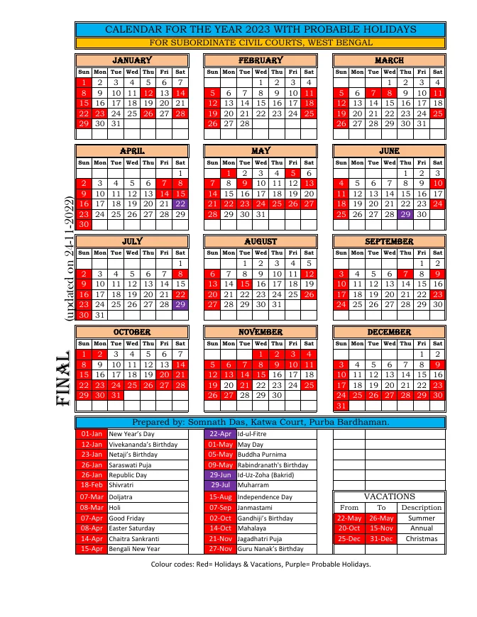 Calender for Sub-Ordinate Criminal/ Civil Court for the year, 2023 – PDF