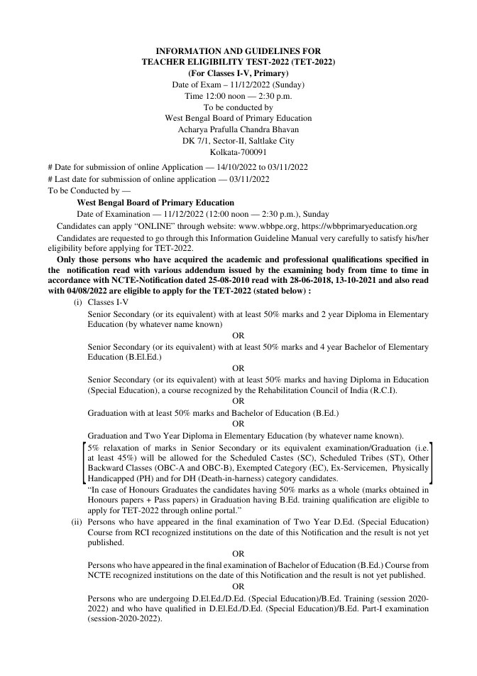 Information and Guidelines for TET-2022 for Classes I-V – PDF