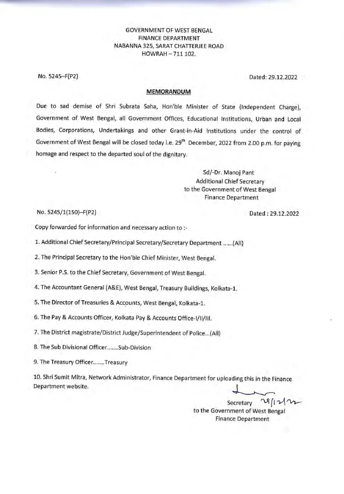 Closure of Office due to sad demise of Shri Subrata Saha, Hon’ble MoS – PDF