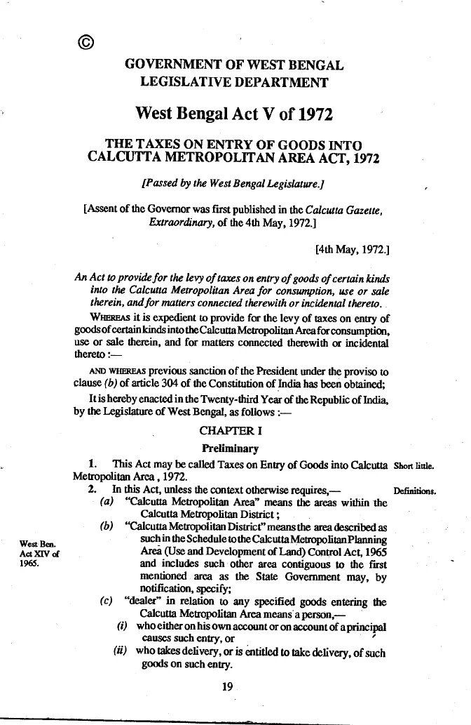 Taxes on Entry of Goods into Calcutta Metropolitan Area, 1972 – PDF