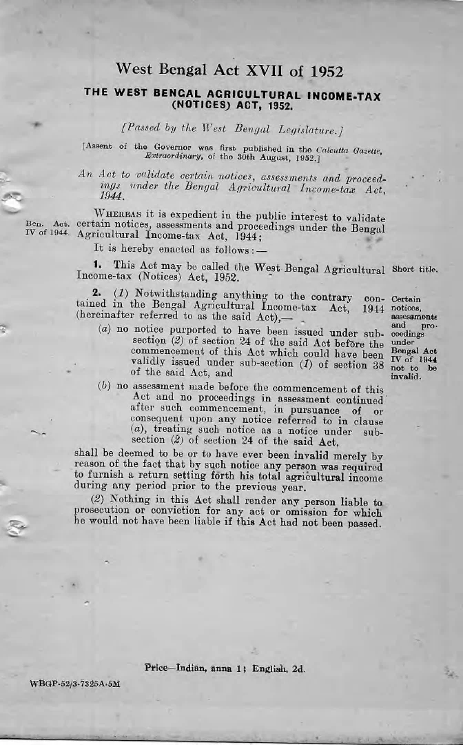 West Bengal Agricultural Income-Tax (Notices) Act, 1952 – PDF
