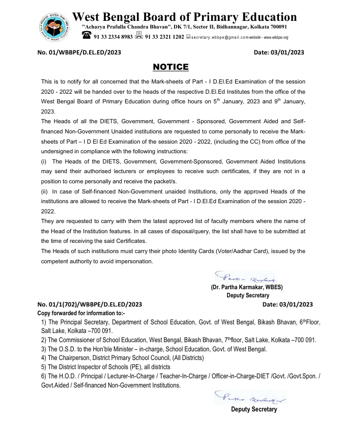 Mark-sheets of D.El.Ed Part – I Examination, 2020-2022 – PDF