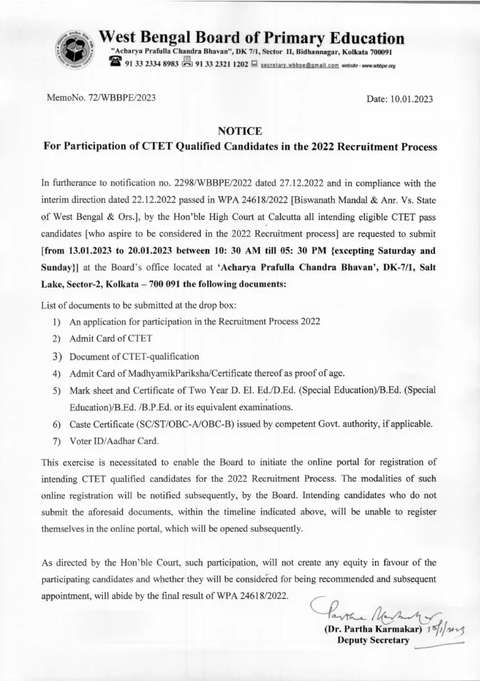 Participation of CTET Qualified Candidates in Recruitment Process, 2022 – PDF