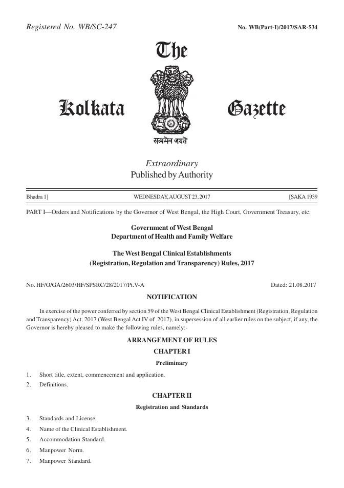 West Bengal Clinical Establishment (Registration, Regulation and Transparency), Rules, 2017 – PDF