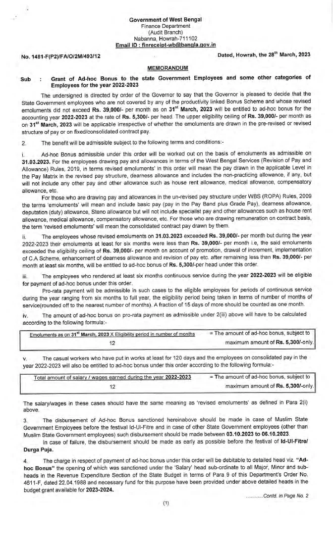 Grant of Ad-hoc Bonus to State Government Employees, 2022-23 – PDF