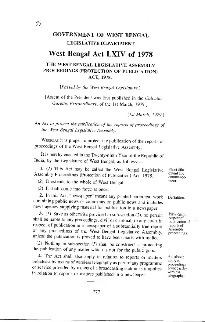 West Bengal Legislative Assembly Proceedings (Protection of Publication) Act, 1978 – PDF