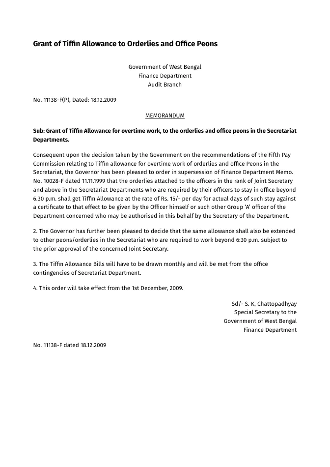 Grant of Tiffin Allowance to Orderlies and Office Peons – PDF