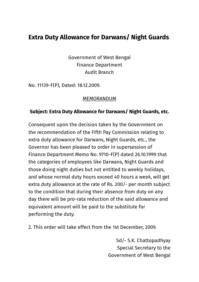 Extra Duty Allowance for Darwans/ Night Guards – PDF