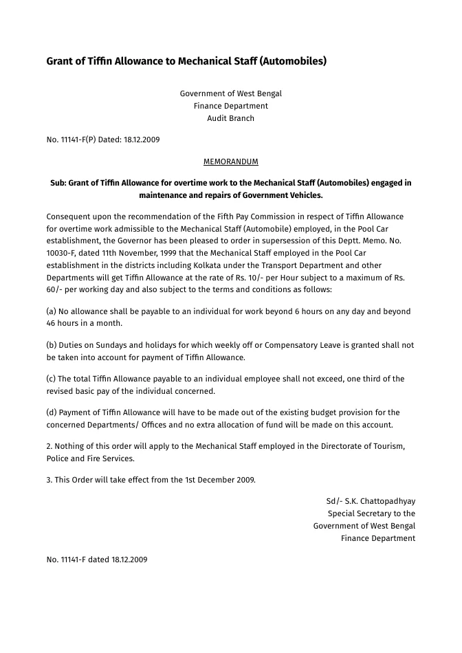 Grant of Tiffin Allowance to Mechanical Staff (Automobiles) – PDF