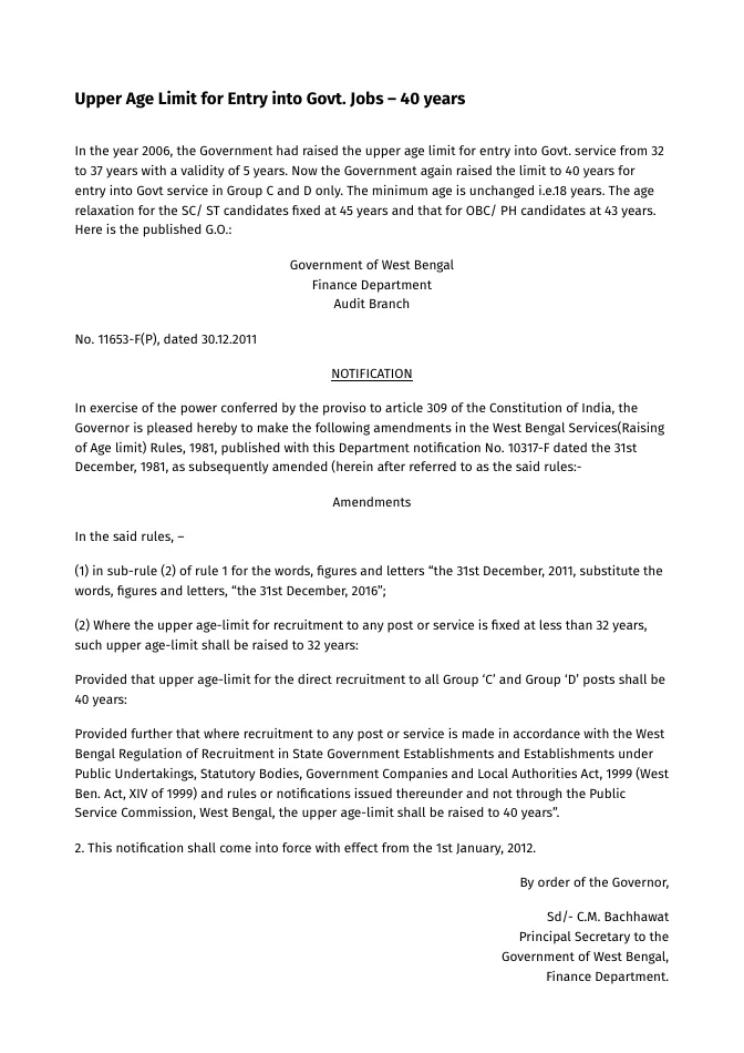 Upper Age Limit for Entry into Govt. Jobs – 40 years – PDF