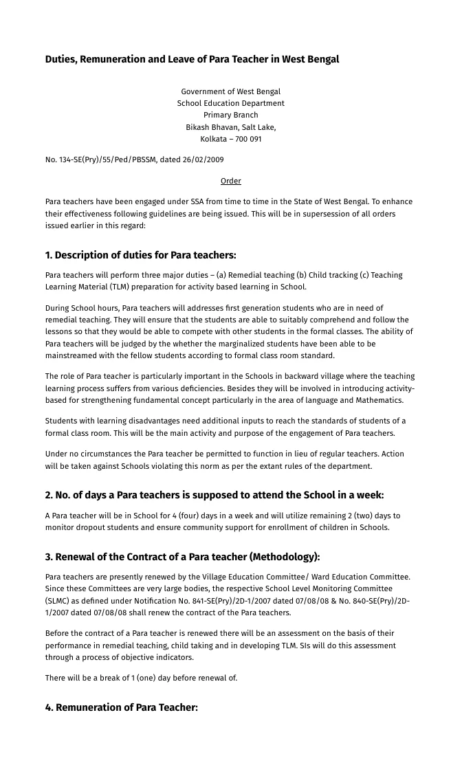 Duties, Remuneration and Leave of Para Teacher in West Bengal – PDF