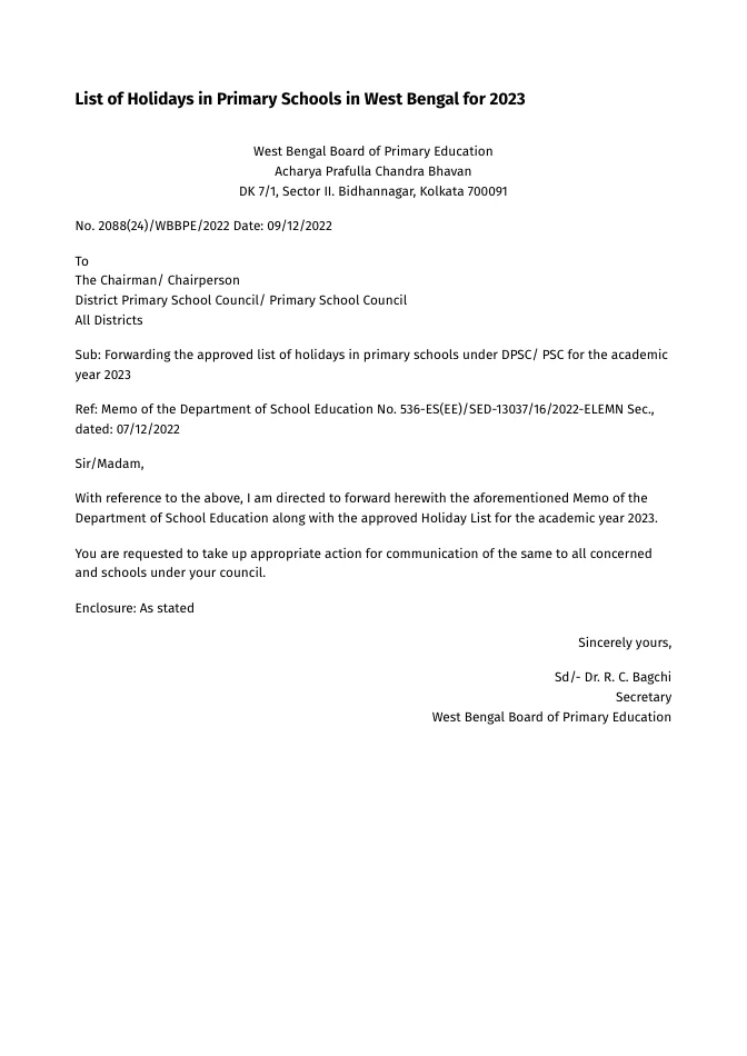 List of Holidays in Primary Schools in West Bengal for 2023 – PDF