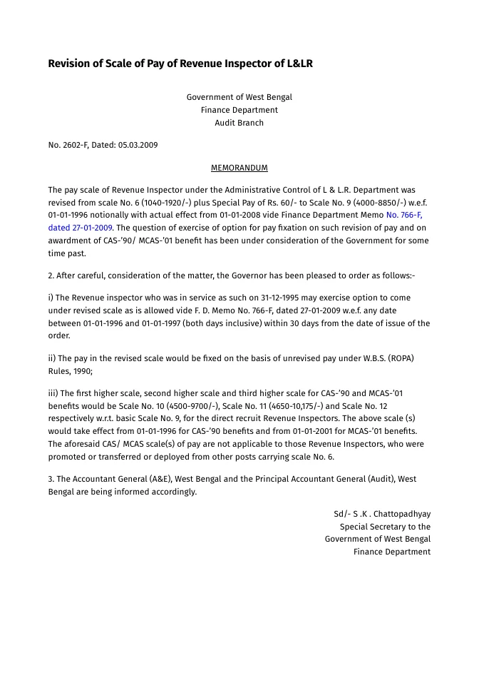 Revision of Scale of Pay of Revenue Inspector of L&LR – PDF