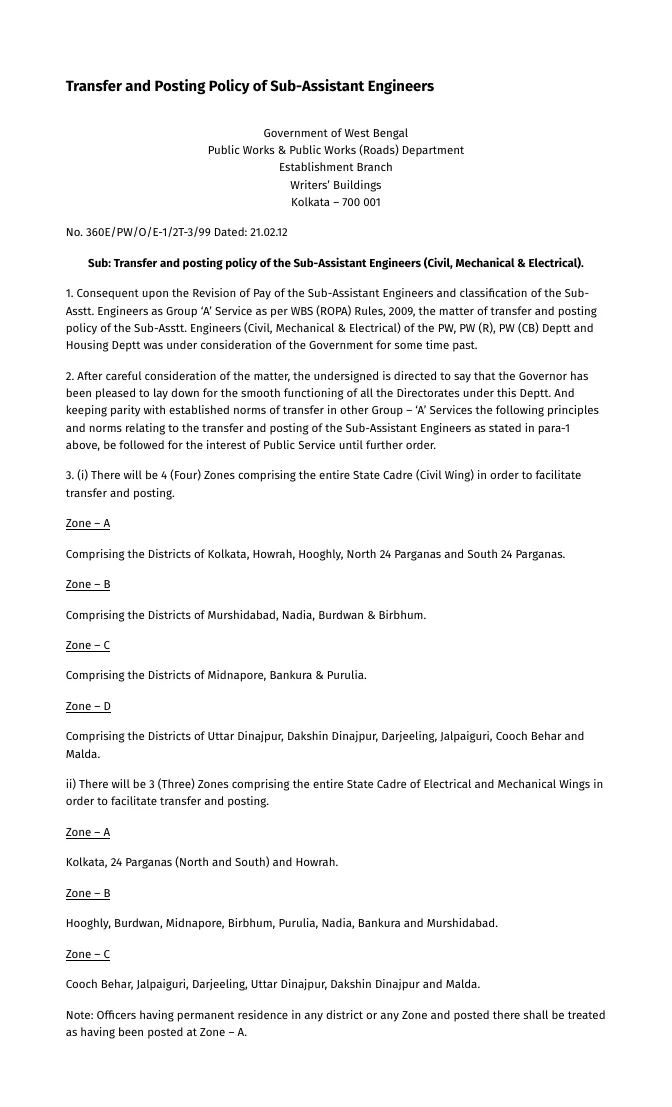 Transfer and Posting Policy of Sub-Assistant Engineers – PDF