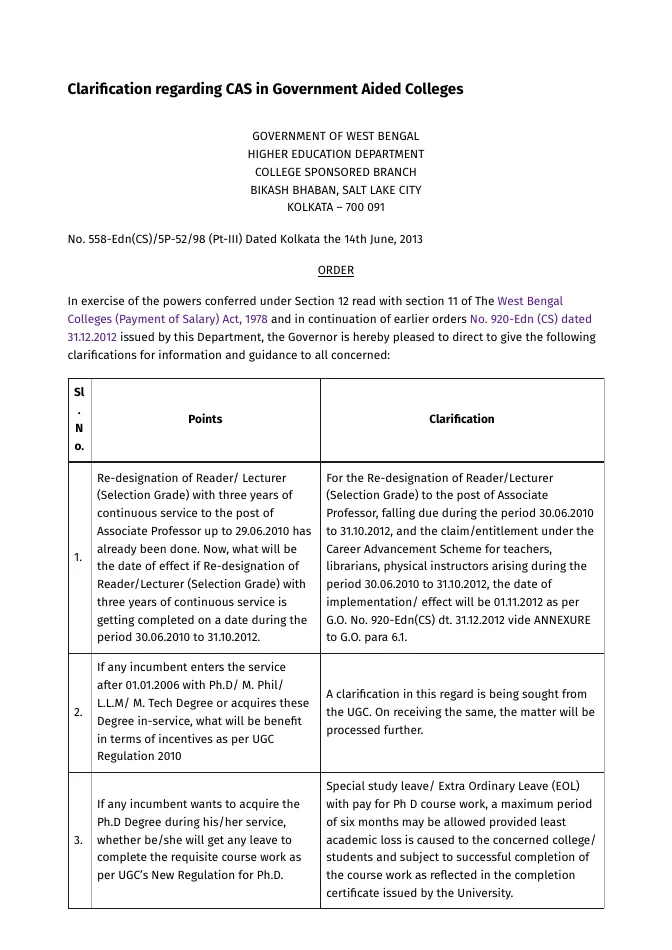 Clarification regarding CAS in Government Aided Colleges – PDF