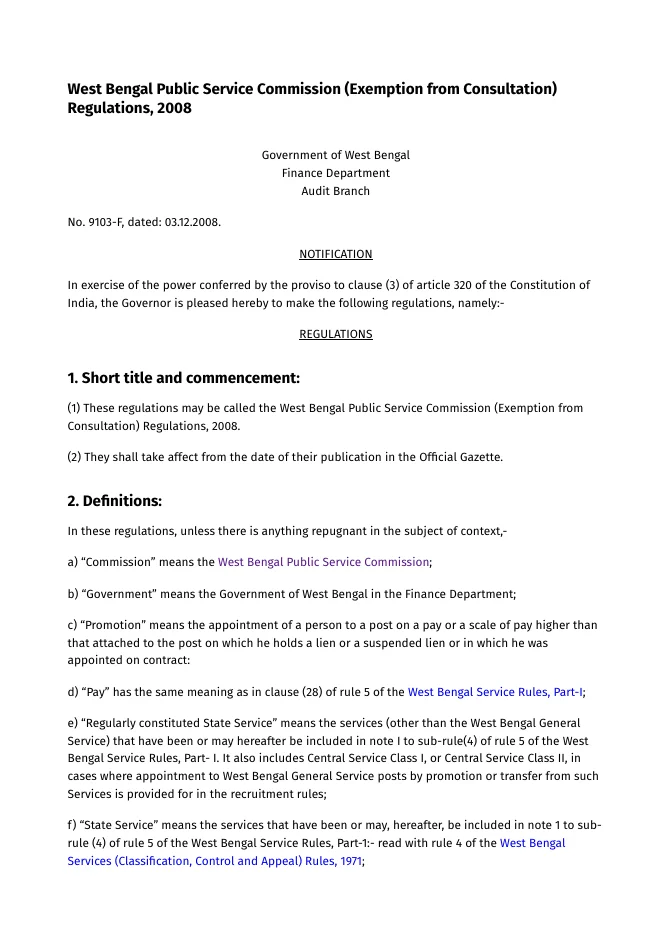 West Bengal Public Service Commission (Exemption from Consultation) Regulations, 2008 – PDF