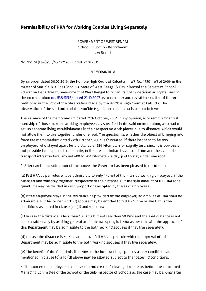 Permissibility of HRA for Working Couples Living Separately – PDF