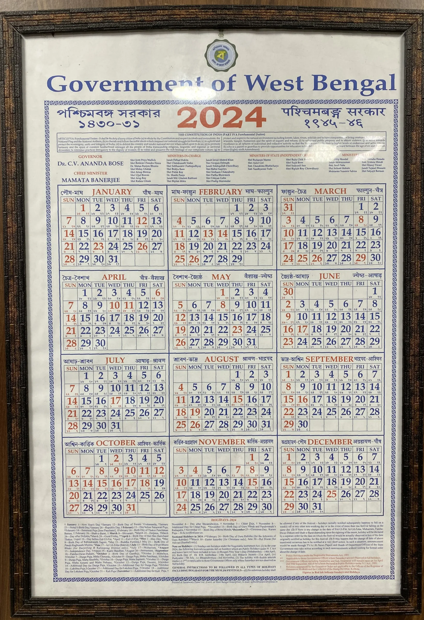 Kerala Government Calendar 2025 January 