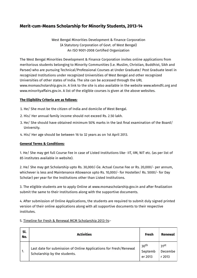 Merit-cum-Means Scholarship for Minority Students, 2013-14 – PDF