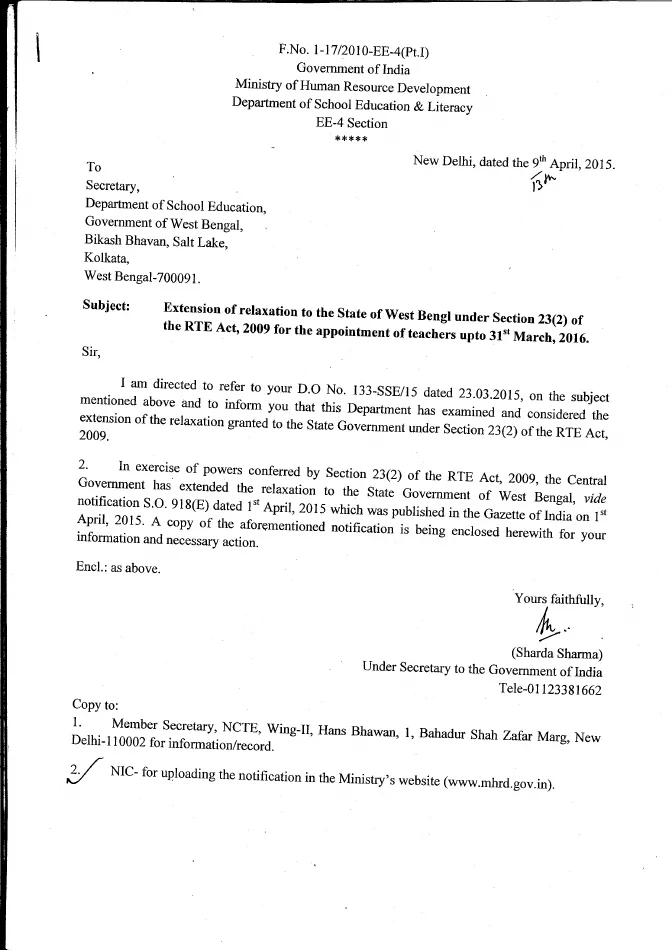 Relaxation to West Bengal in Minimum Teacher Qualification Norms – PDF