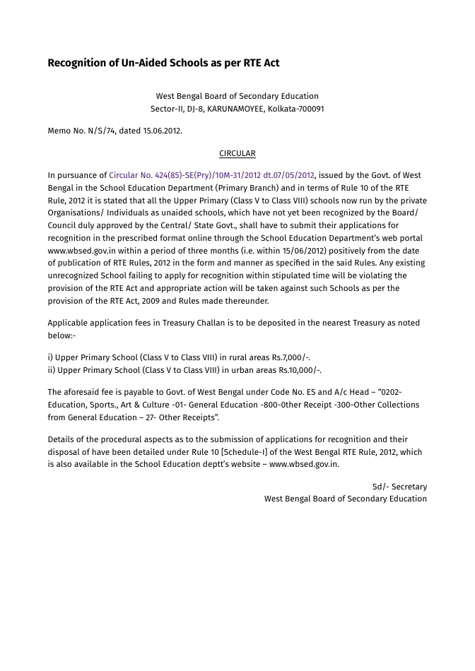 Recognition of Un-Aided Schools as per RTE Act – PDF