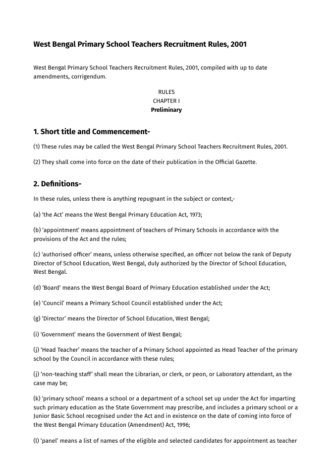 West Bengal Primary School Teachers Recruitment Rules, 2001 – PDF