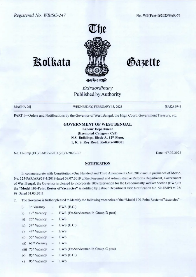Reservation for EWS in Model 100 Point Roster of Vacancies – PDF