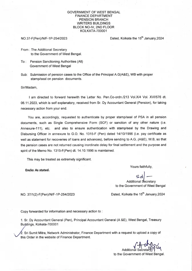 Submission of Pension Cases to AG(A&E), WB with proper Stamp – PDF