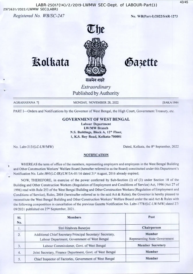 Reconstitution of West Bengal Buildings and Other Construction Workers Welfare Board – PDF
