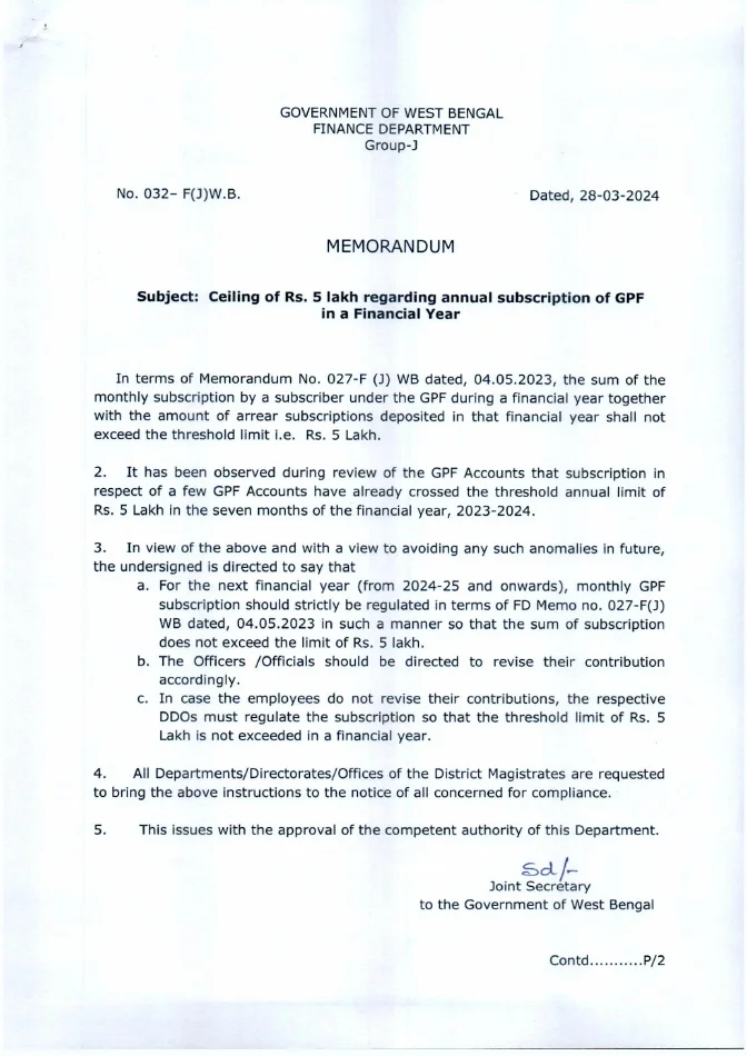 Ceiling of Rs. 5 Lakh regarding Annual Subscription of GPF – PDF