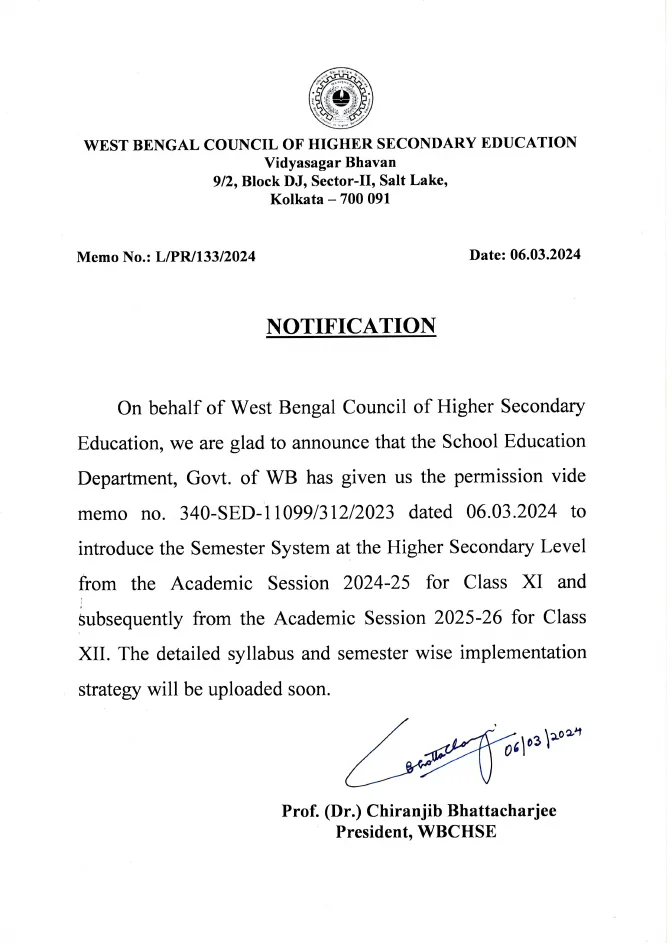 Semester System in Higher Secondary Level under WBCHSE – PDF