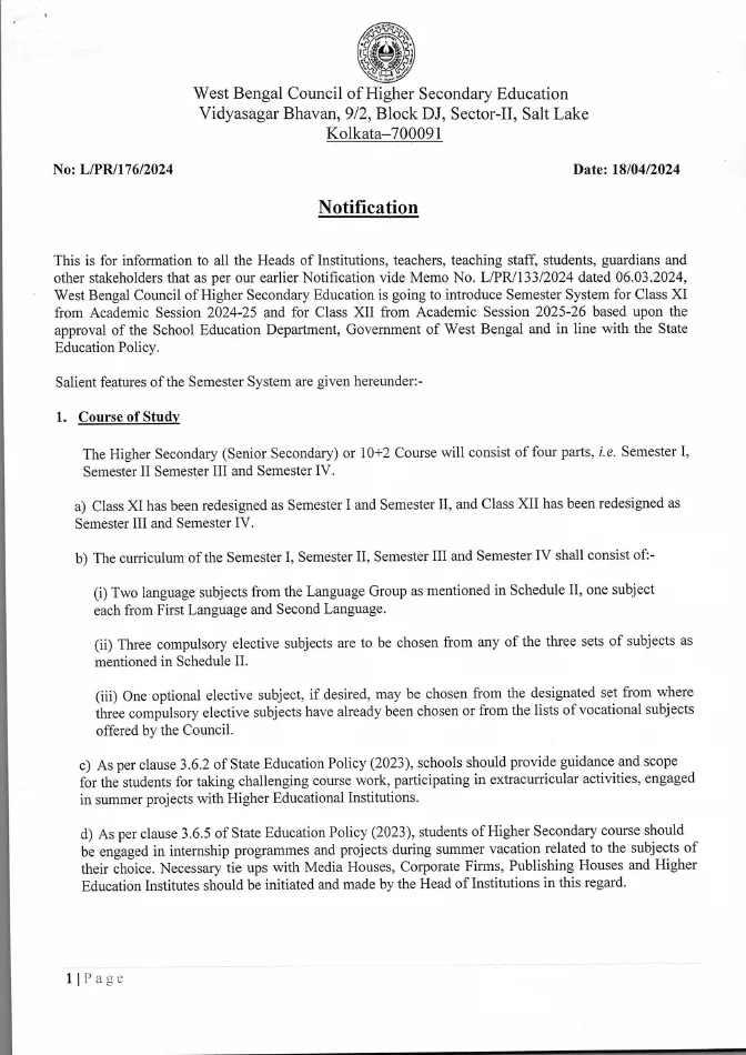 Semester System in Higher Secondary Level under WBCHSE – PDF