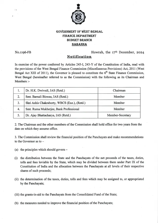 Constitution of 6th State Finance Commission, West Bengal – PDF