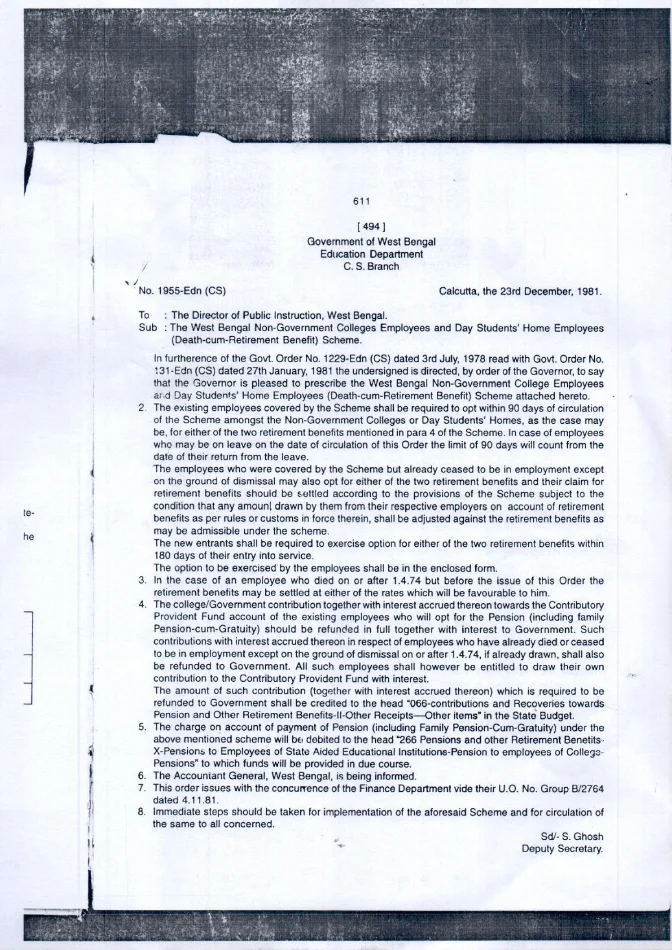 West Bengal Non-Govt. College Employees and Day Students’ Home Employees DCRB Scheme – PDF