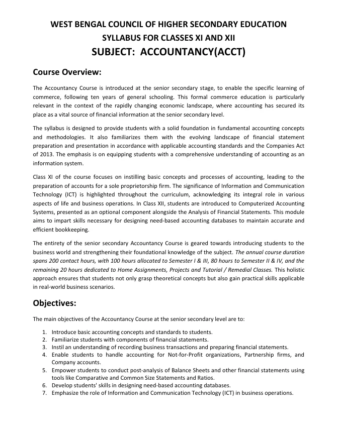 Syllabus and Subject Combination offered by WBCHSE – PDF