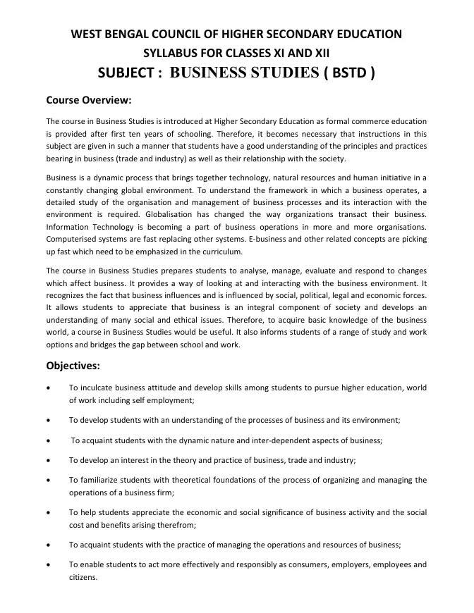 Syllabus and Subject Combination offered by WBCHSE – PDF