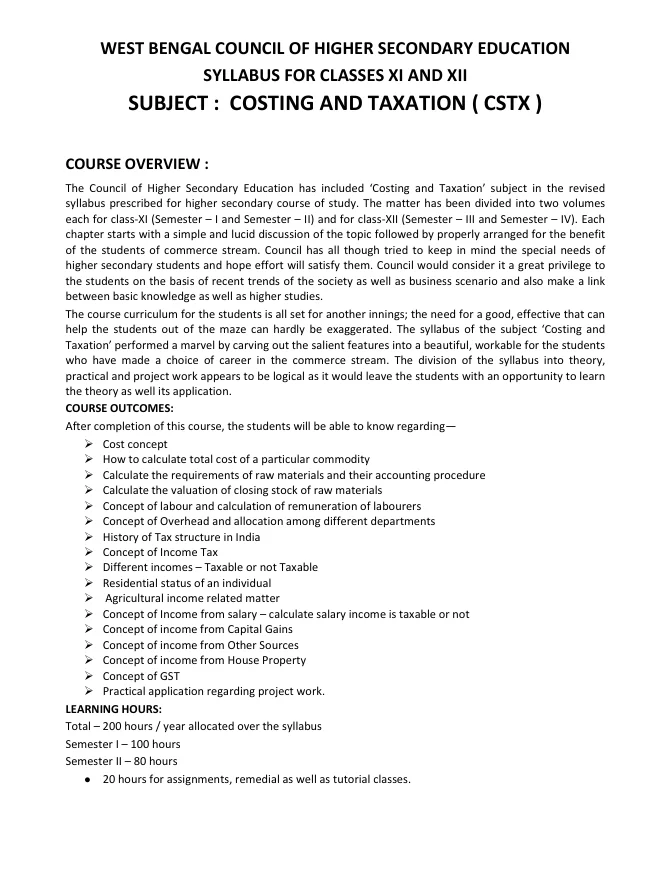 Syllabus and Subject Combination offered by WBCHSE – PDF