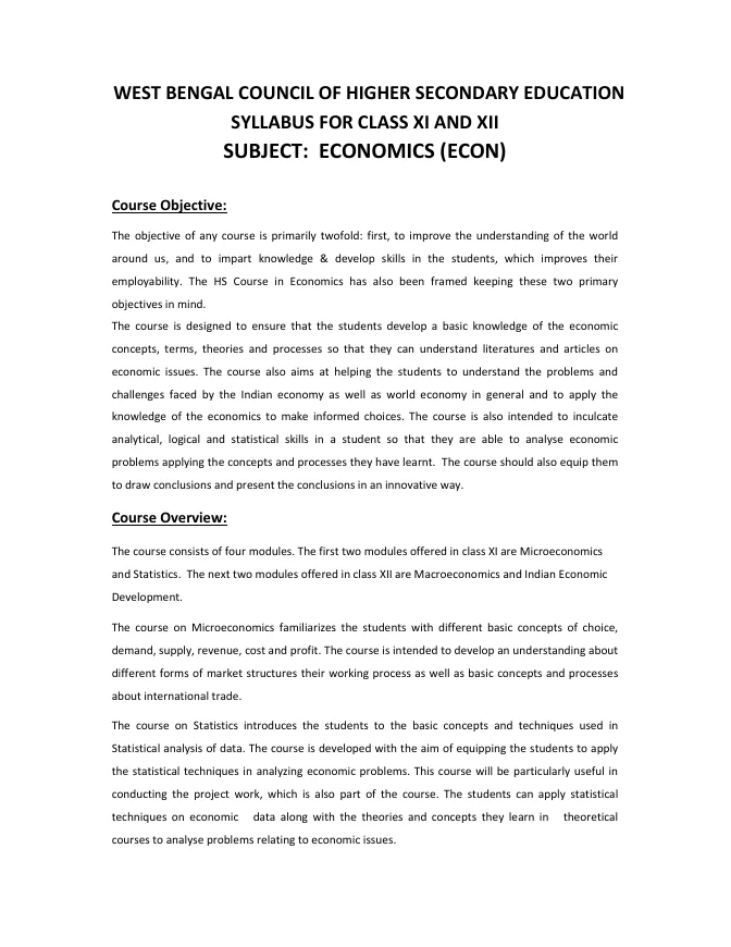 Syllabus and Subject Combination offered by WBCHSE – PDF