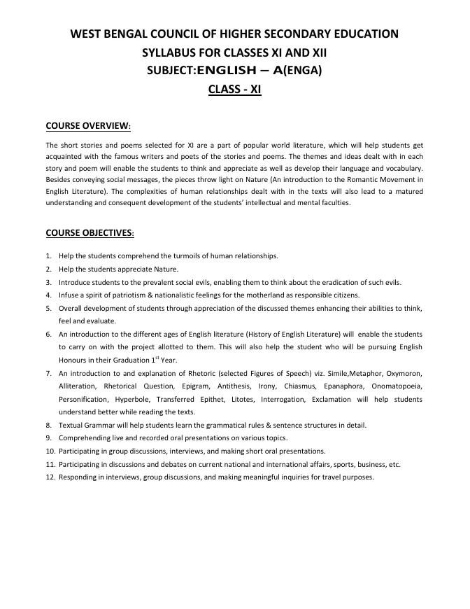 Syllabus and Subject Combination offered by WBCHSE – PDF