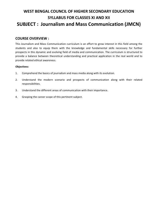 Syllabus and Subject Combination offered by WBCHSE – PDF
