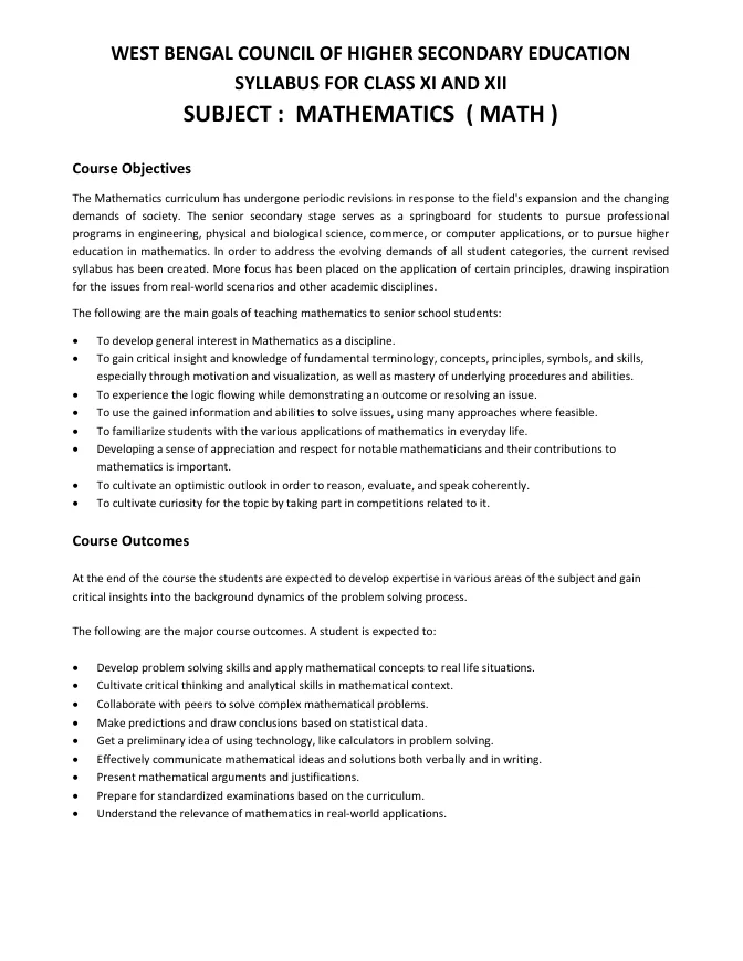 Syllabus and Subject Combination offered by WBCHSE – PDF